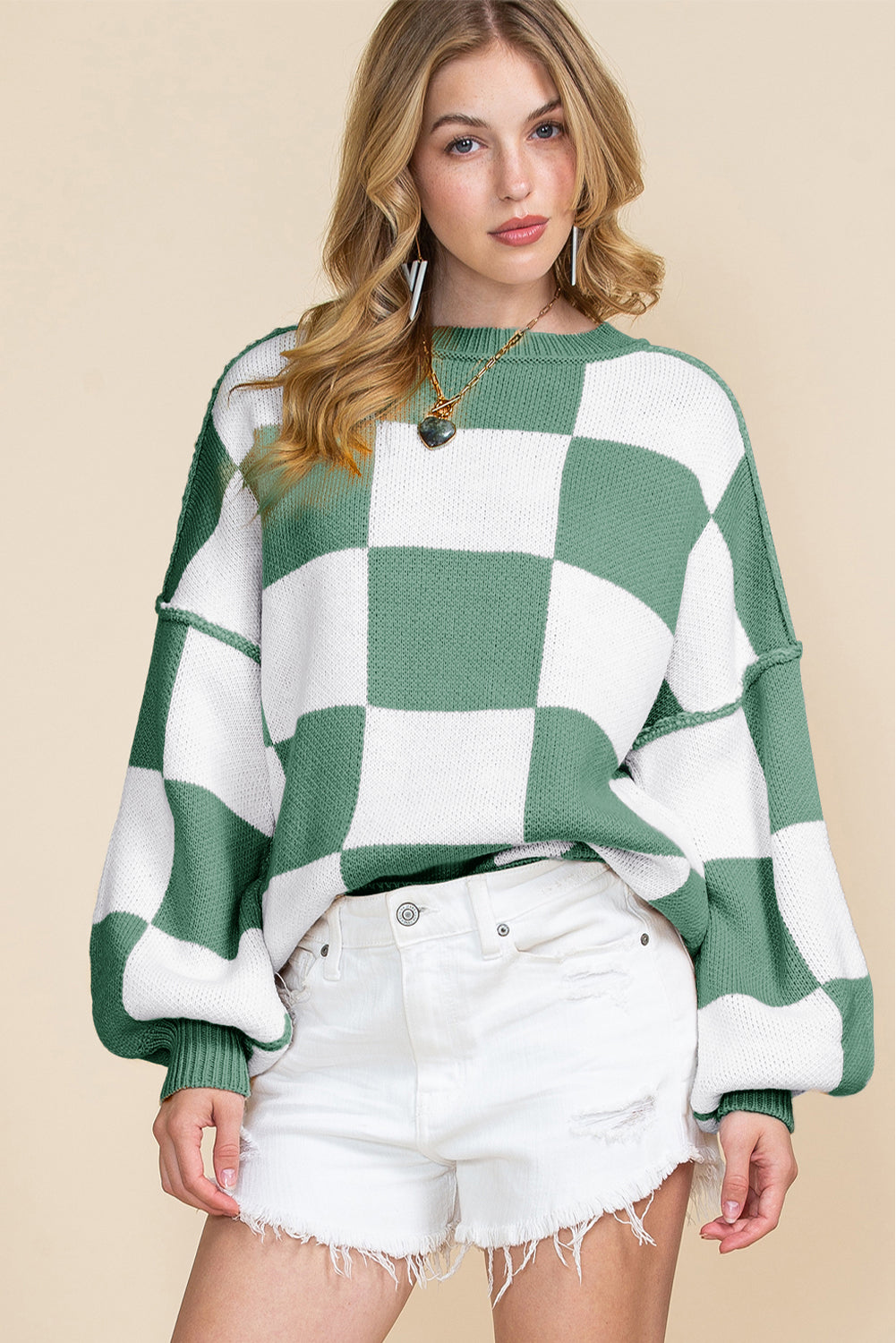 Khaki Plaid Bishop Sleeve Pullover Sweater