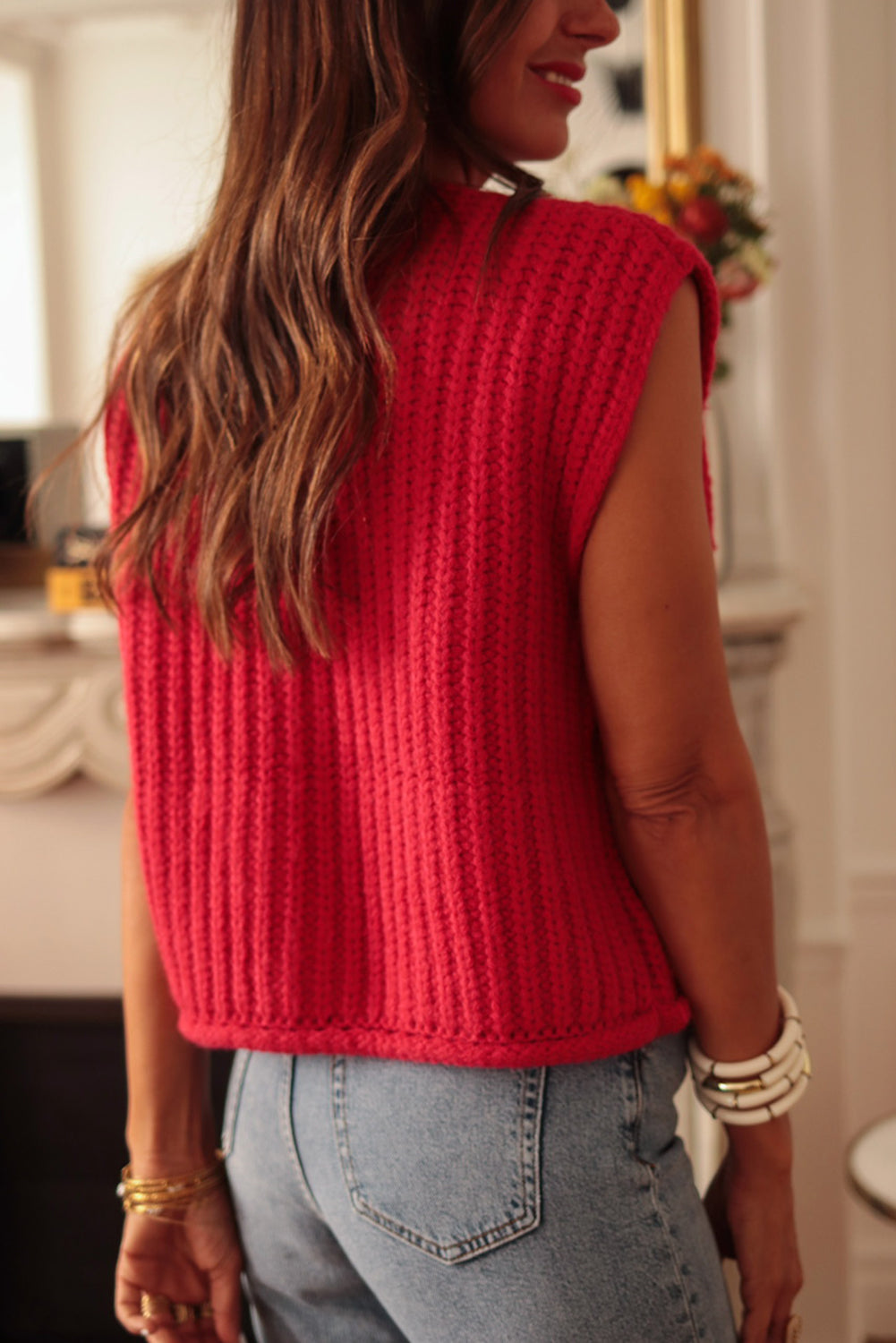 White Solid Textured Knit Side Pockets Buttoned Sweater Vest