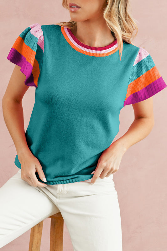 Bright Pink Contrast Sleeve Striped Round Neck Knitted Tee