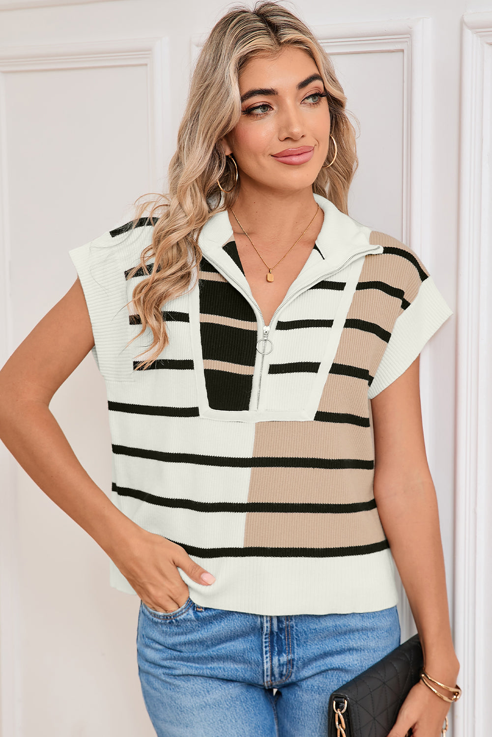 Black Stripe Quarter Zip Collar Knit Vest