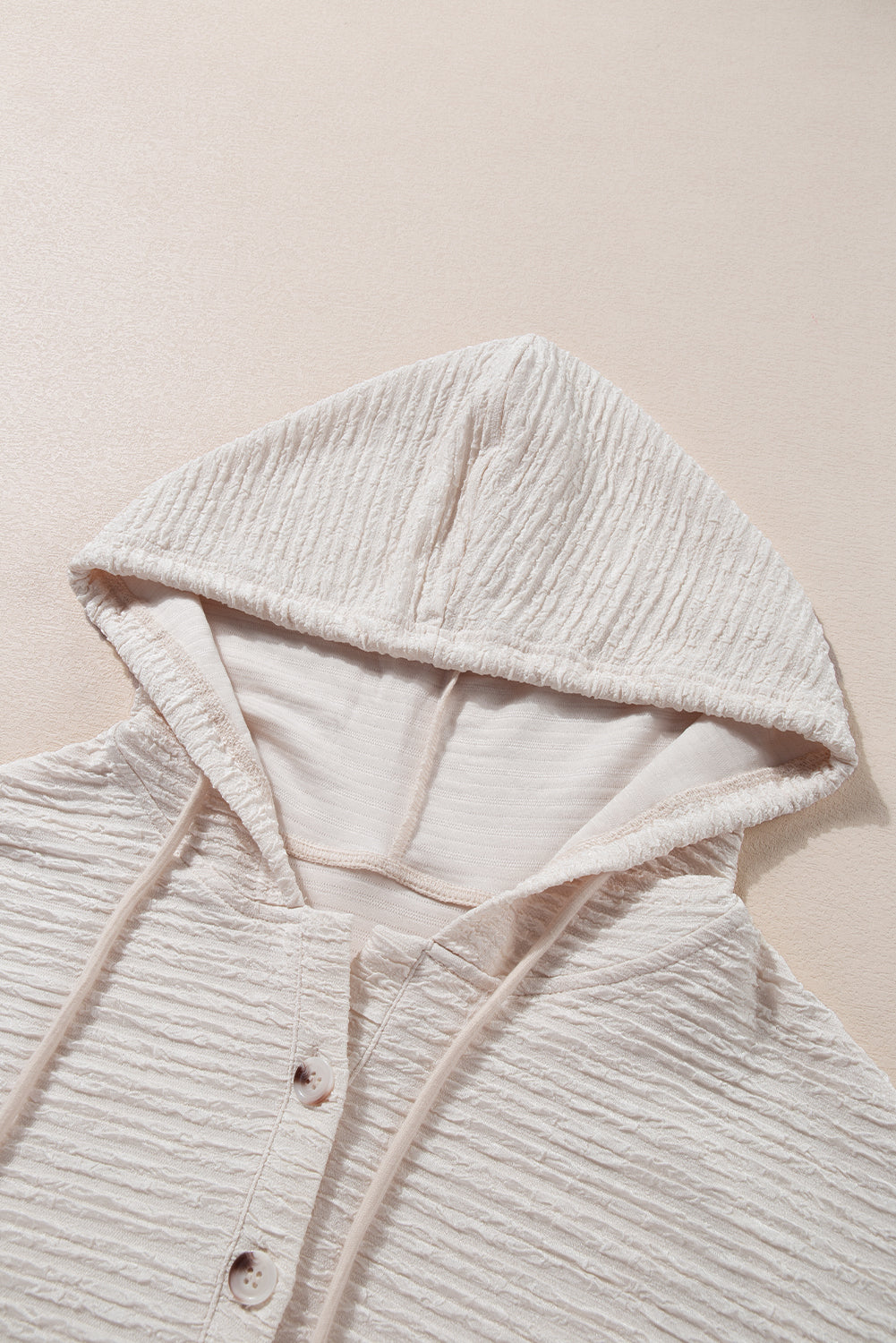 Apricot Solid Color Textured Drawstring Henley Hoodie