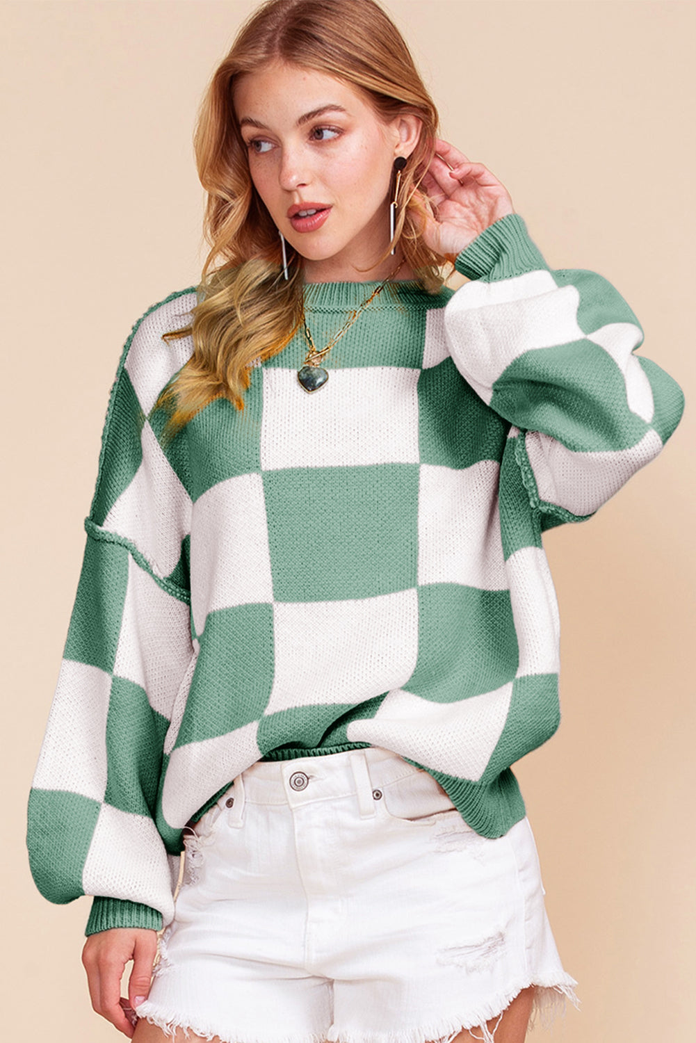 Khaki Plaid Bishop Sleeve Pullover Sweater