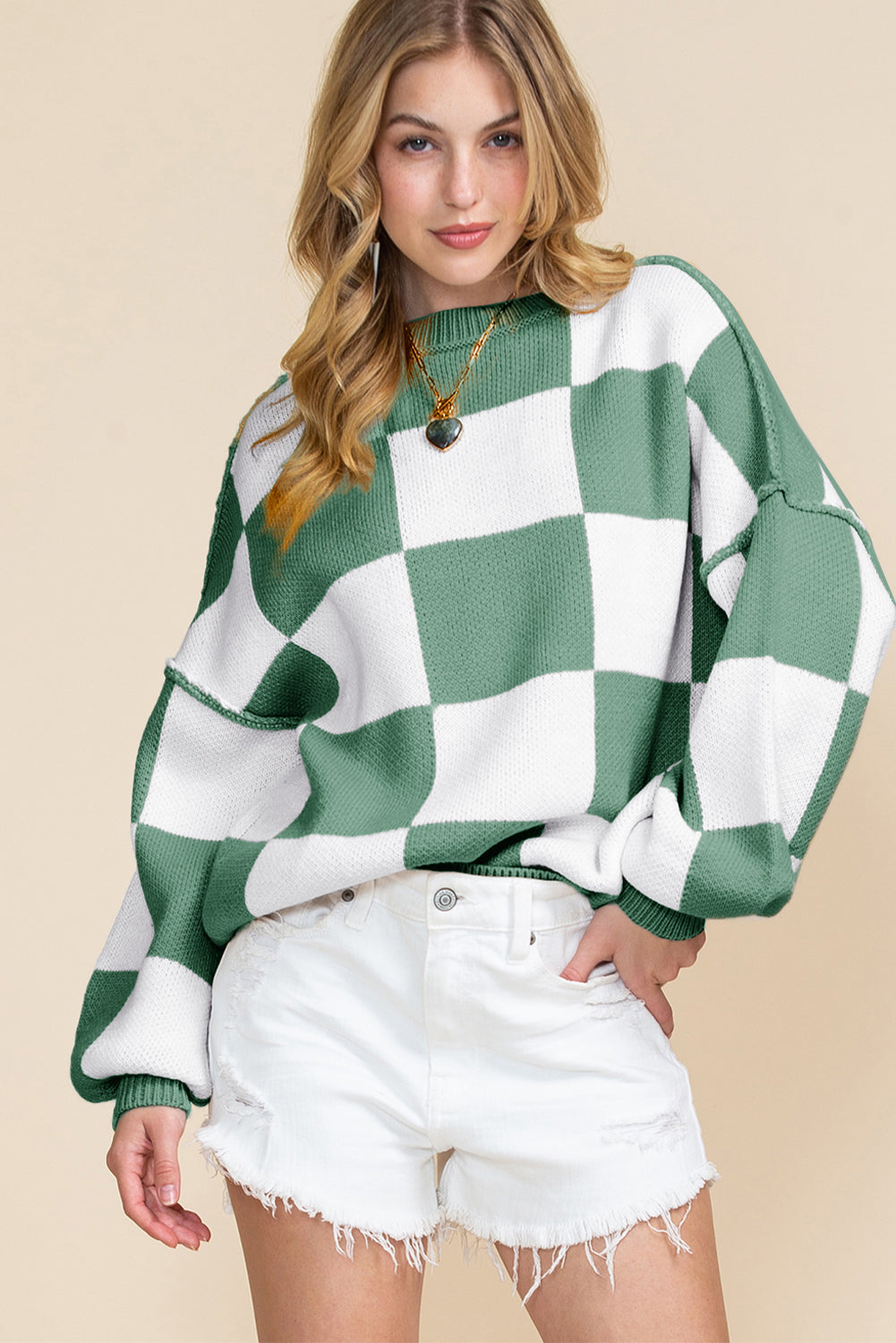 Khaki Plaid Bishop Sleeve Pullover Sweater