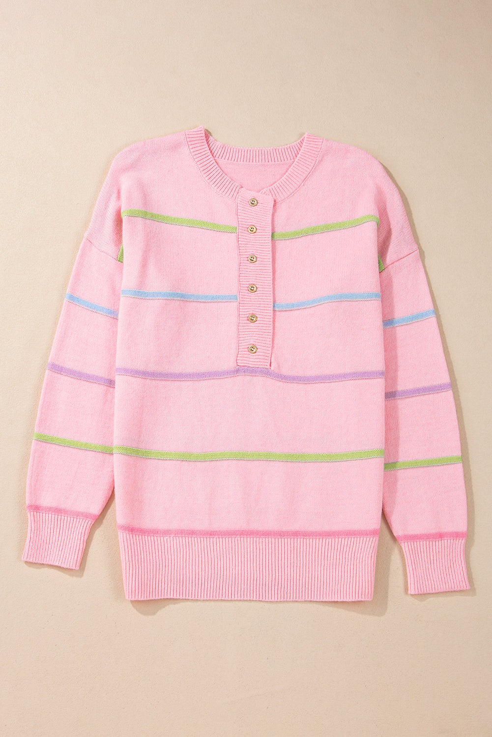 Pink Rainbow Striped Drop Sleeve Henley Sweater