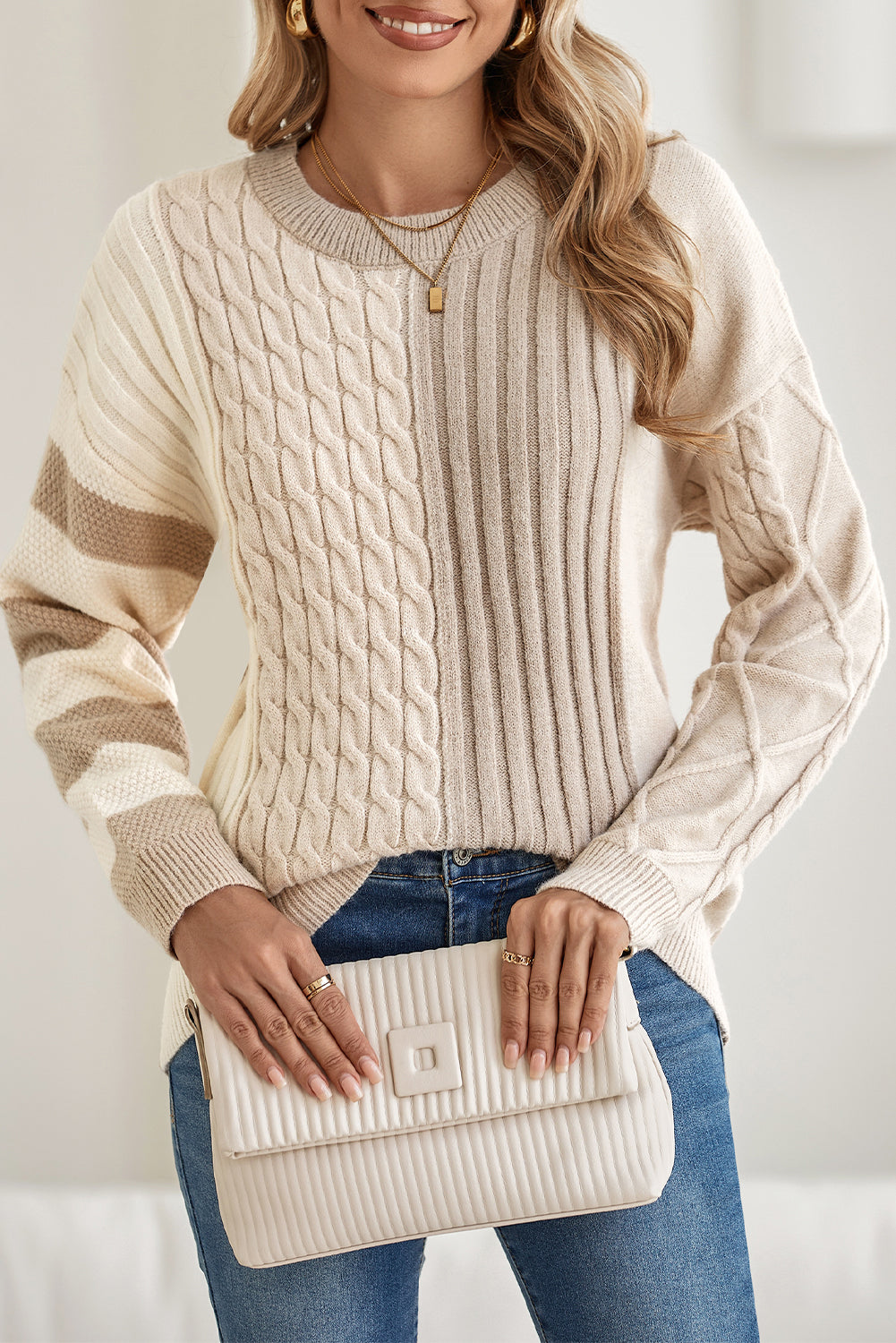 Khaki Cable Knit Colorblock Crew Neck Drop Shoulder Sweater