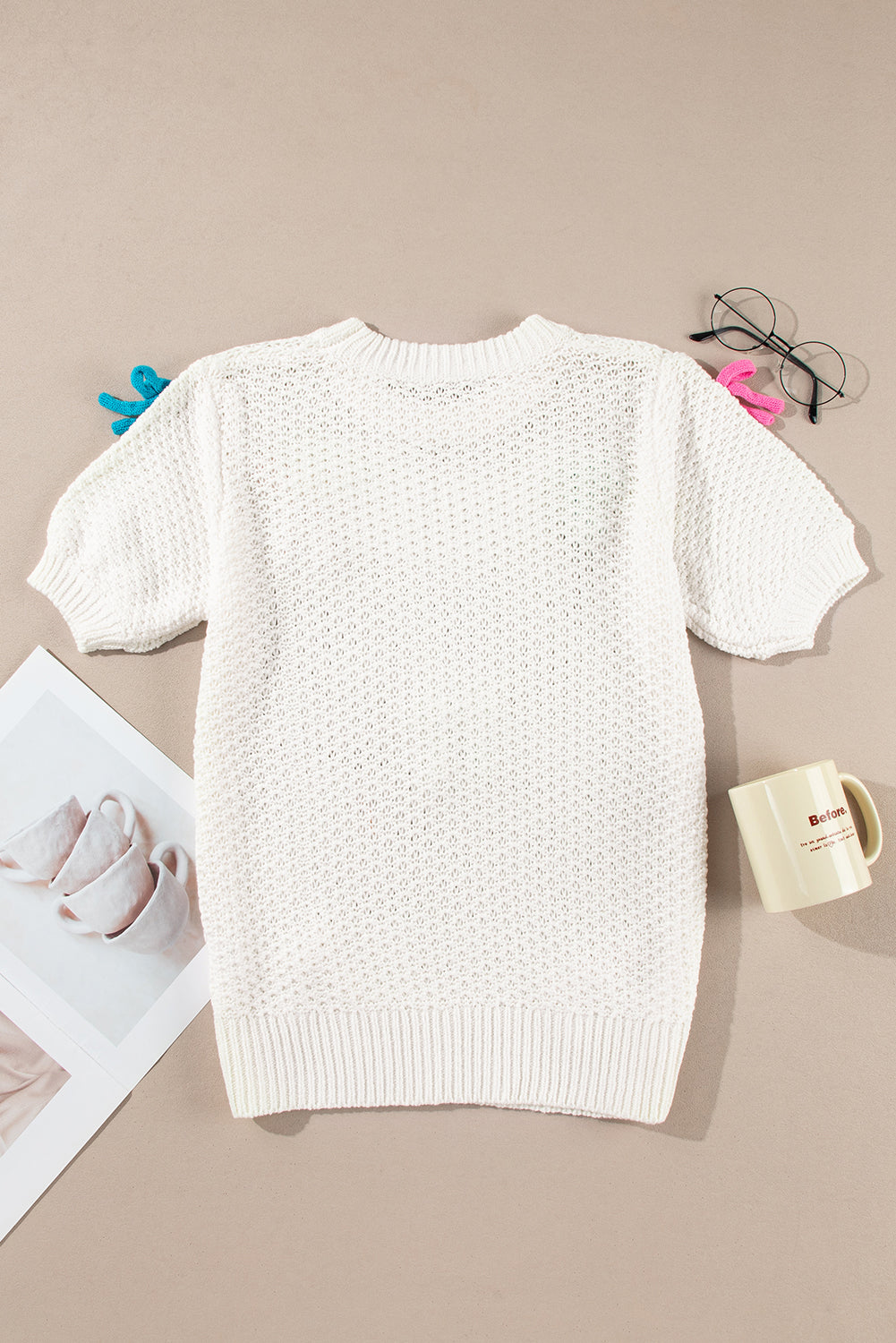 White Colorful Bow Knit Short Sleeve Sweater