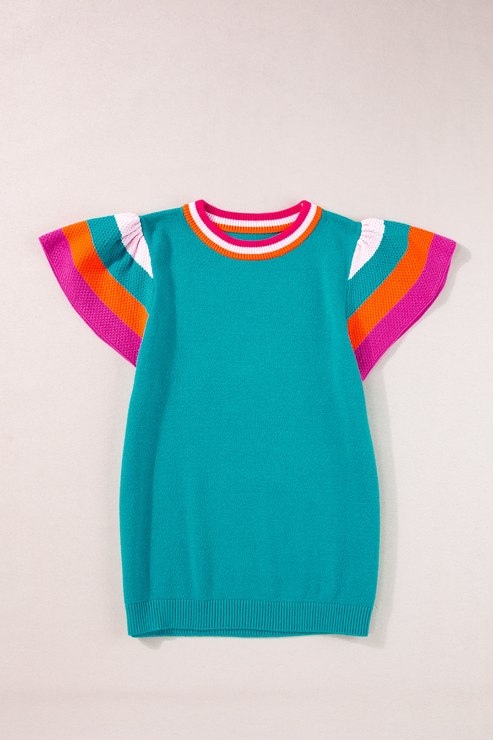 Bright Pink Contrast Sleeve Striped Round Neck Knitted Tee