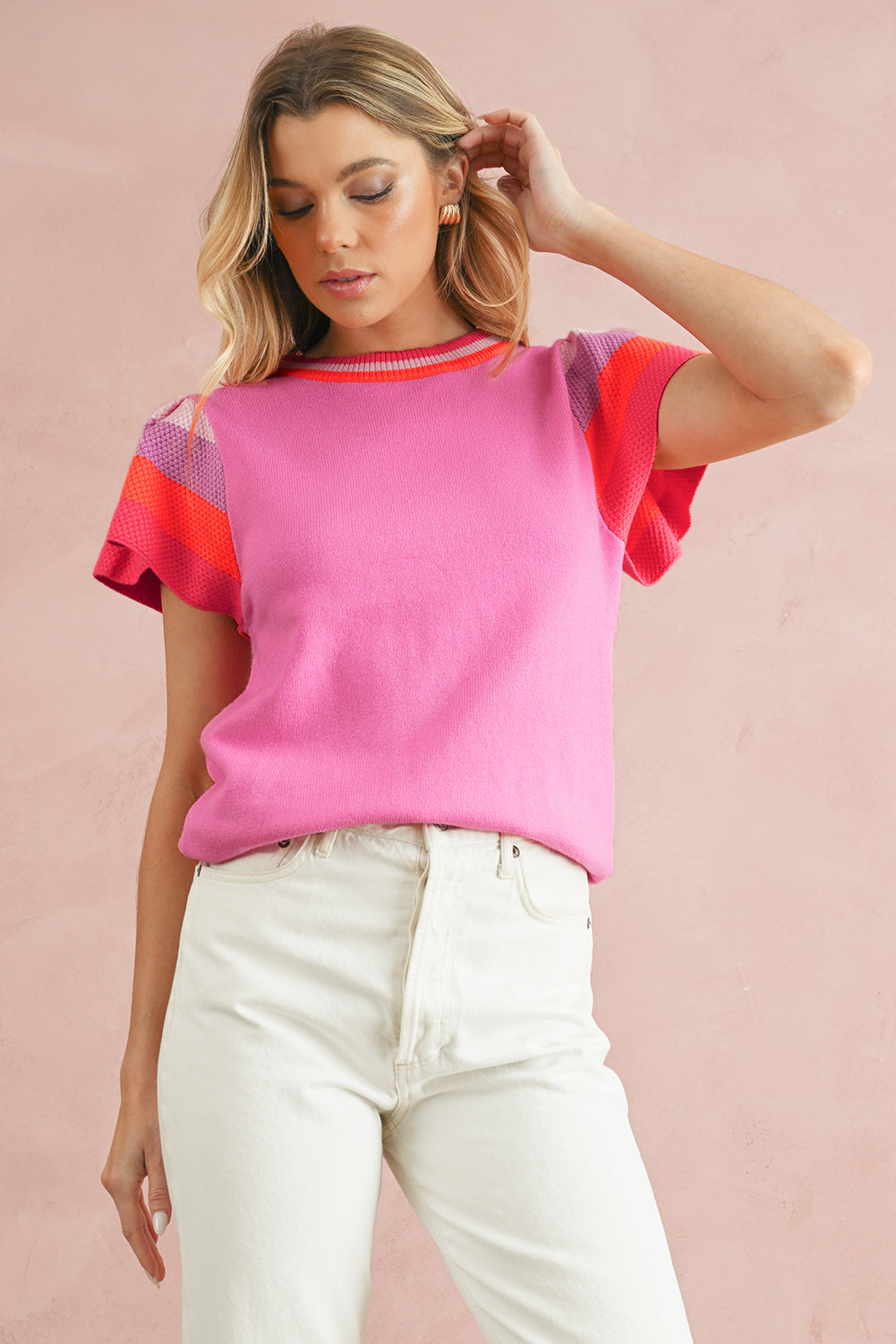 Bright Pink Contrast Sleeve Striped Round Neck Knitted Tee