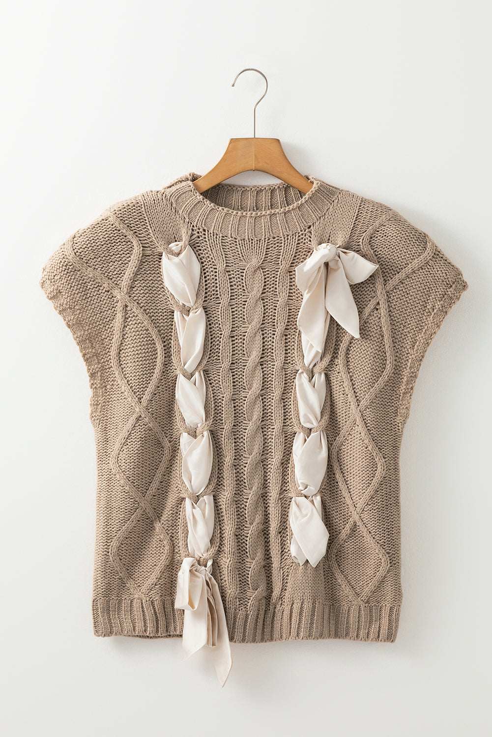 Simply Taupe Satin Bowknot Cable Knit Top