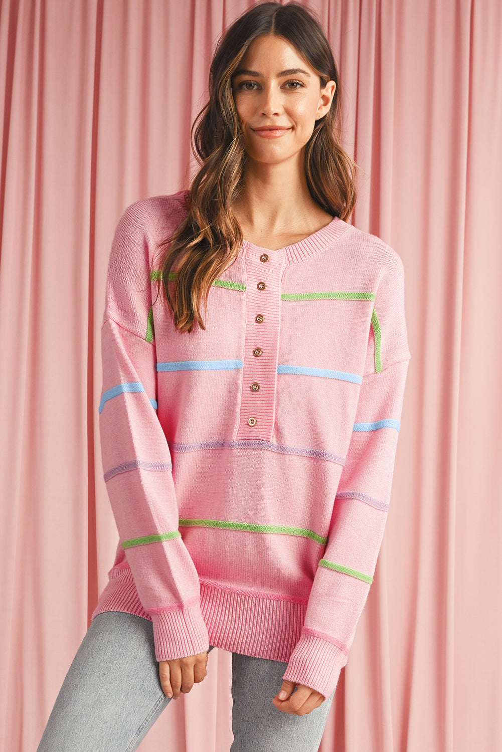 Pink Rainbow Striped Drop Sleeve Henley Sweater