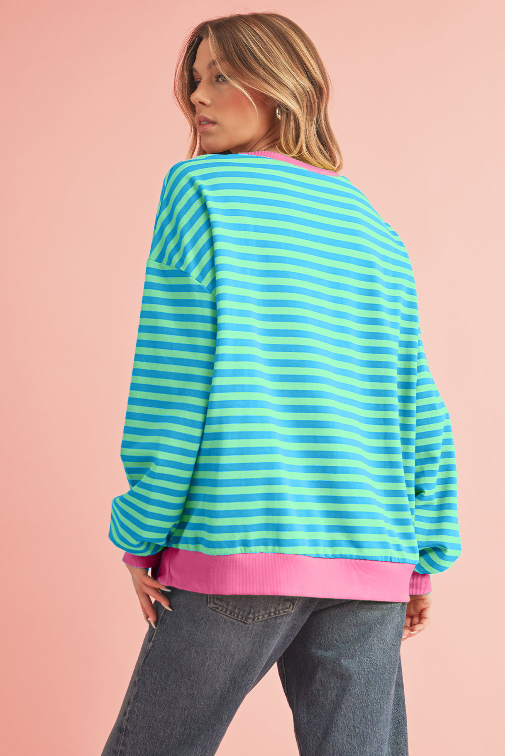 Blue Stripe Contrast Edge Cross Seam Oversized Pullover