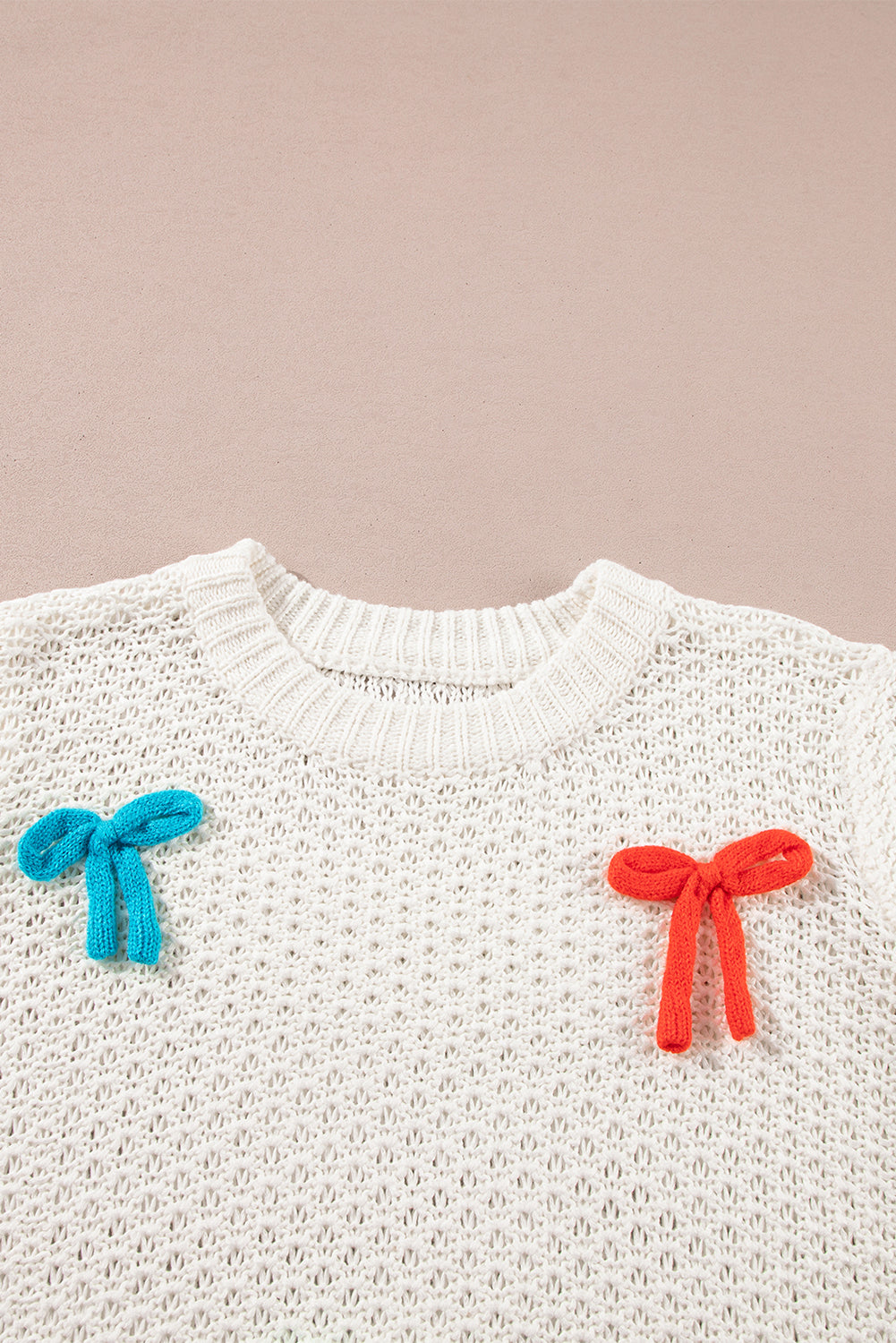 White Colorful Bow Knit Short Sleeve Sweater