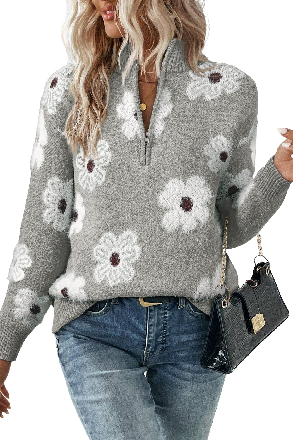 Gray Vintage 60s Floral Pattern Half Zip Collar Drop Shoulder Sweater