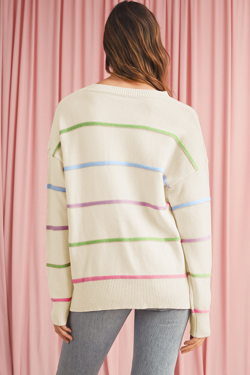 Pink Rainbow Striped Drop Sleeve Henley Sweater