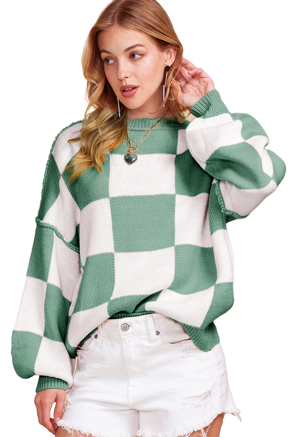 Khaki Plaid Bishop Sleeve Pullover Sweater