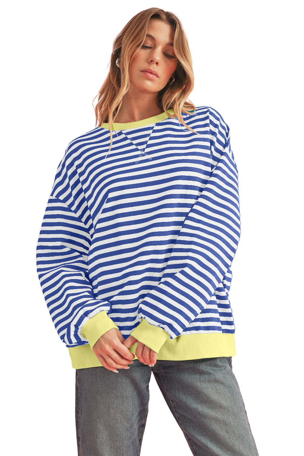 Blue Stripe Contrast Edge Cross Seam Oversized Pullover