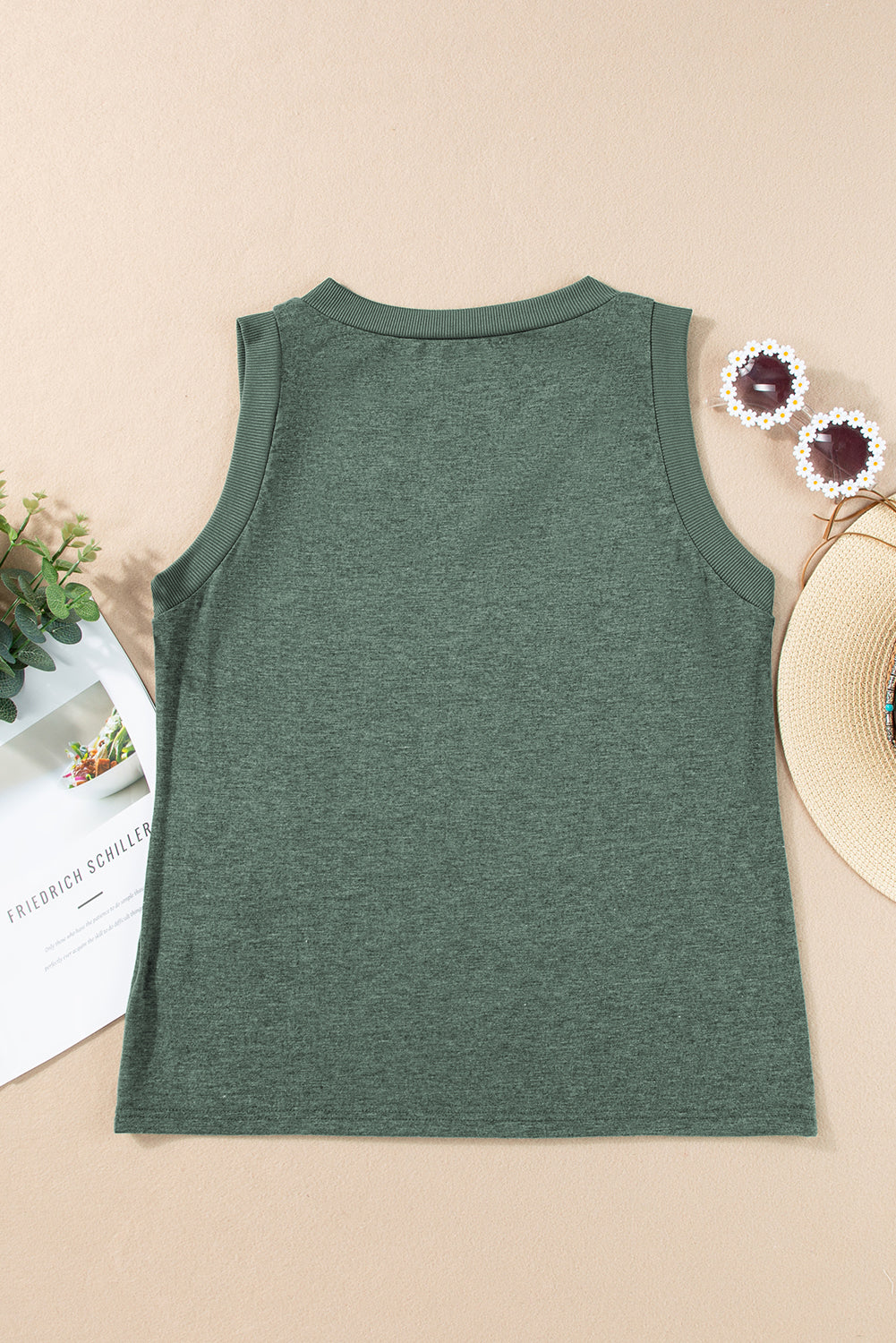 Mist Green Contrast Trim V-Neck Loose Fit Tank Top