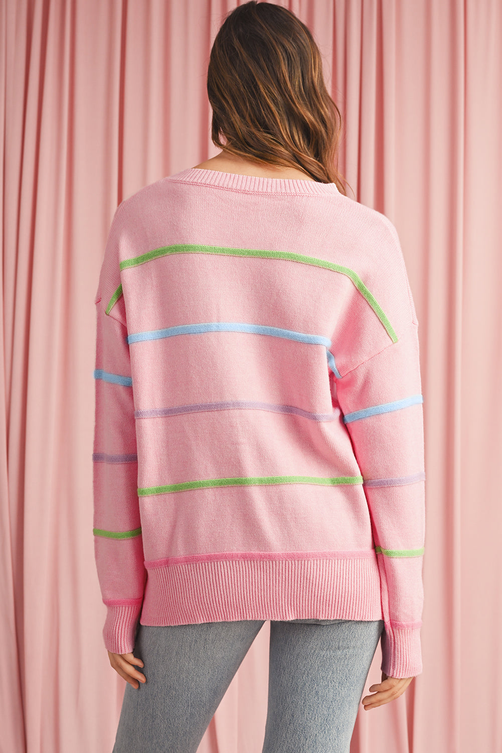 Pink Rainbow Striped Drop Sleeve Henley Sweater