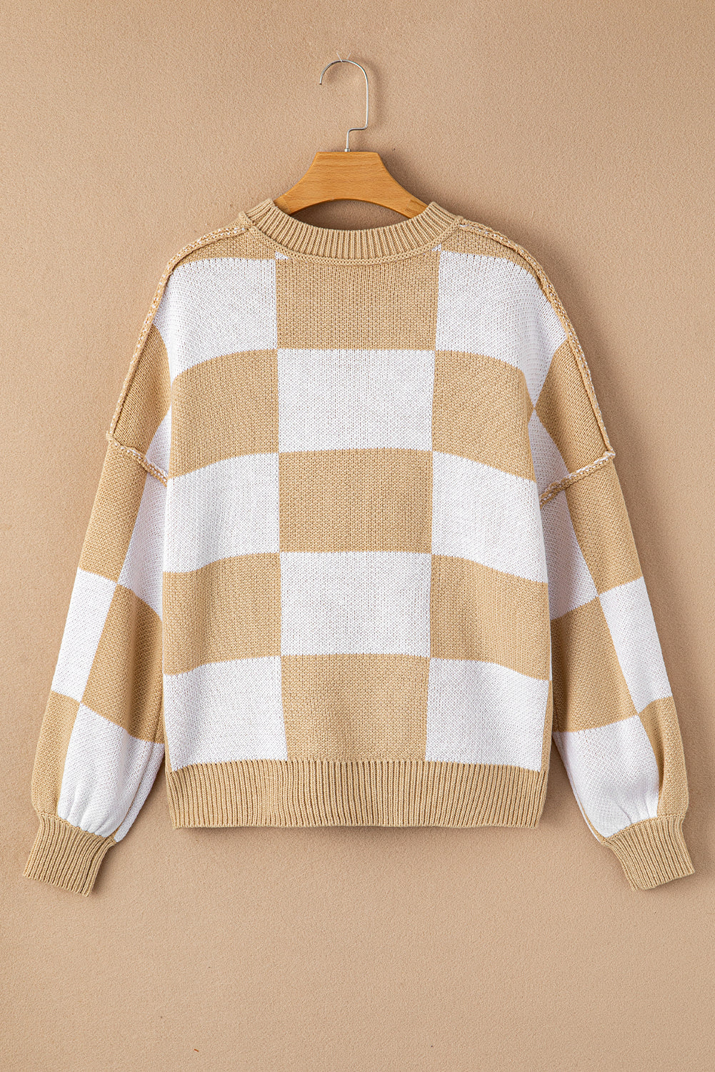 Khaki Plaid Bishop Sleeve Pullover Sweater