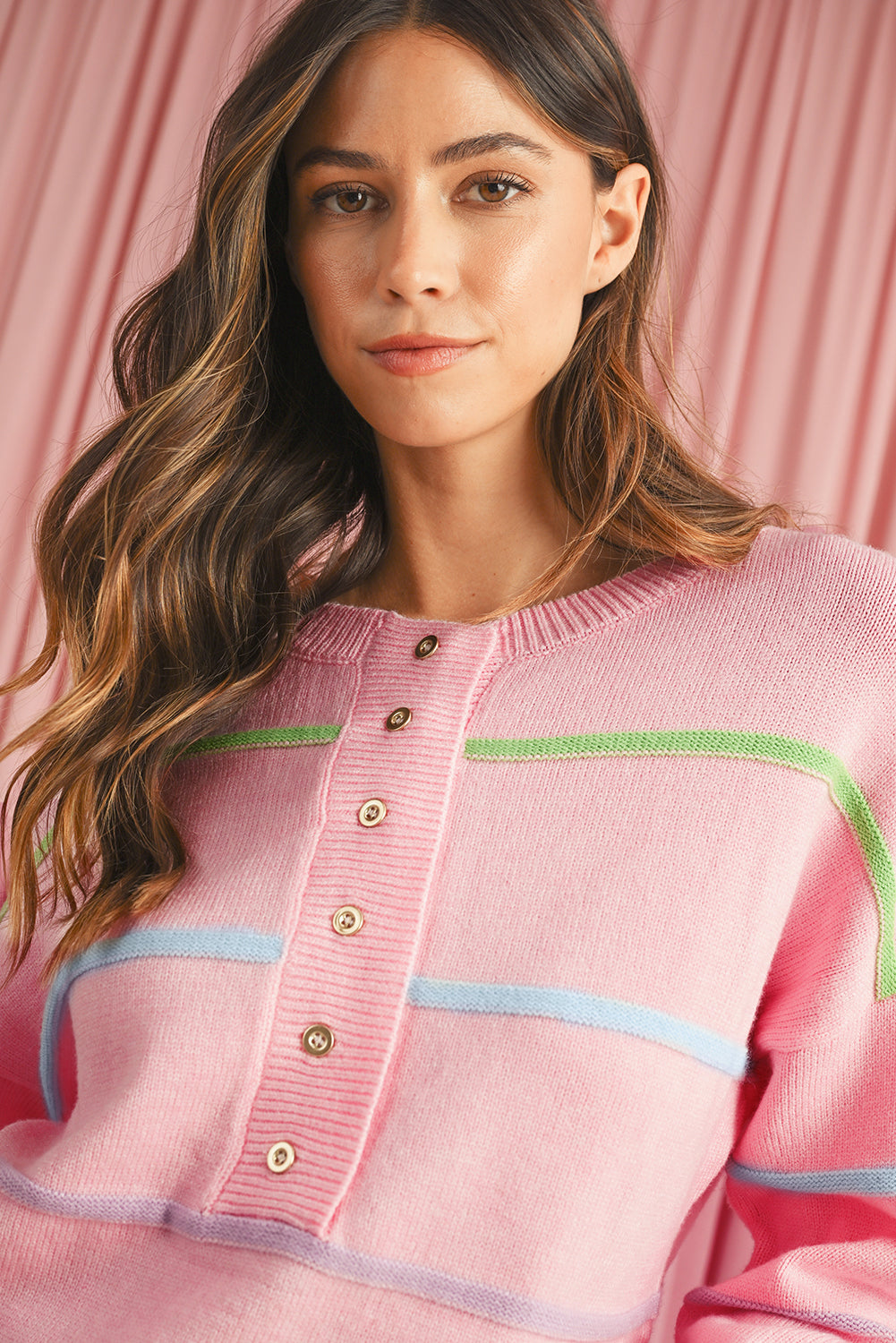 Pink Rainbow Striped Drop Sleeve Henley Sweater