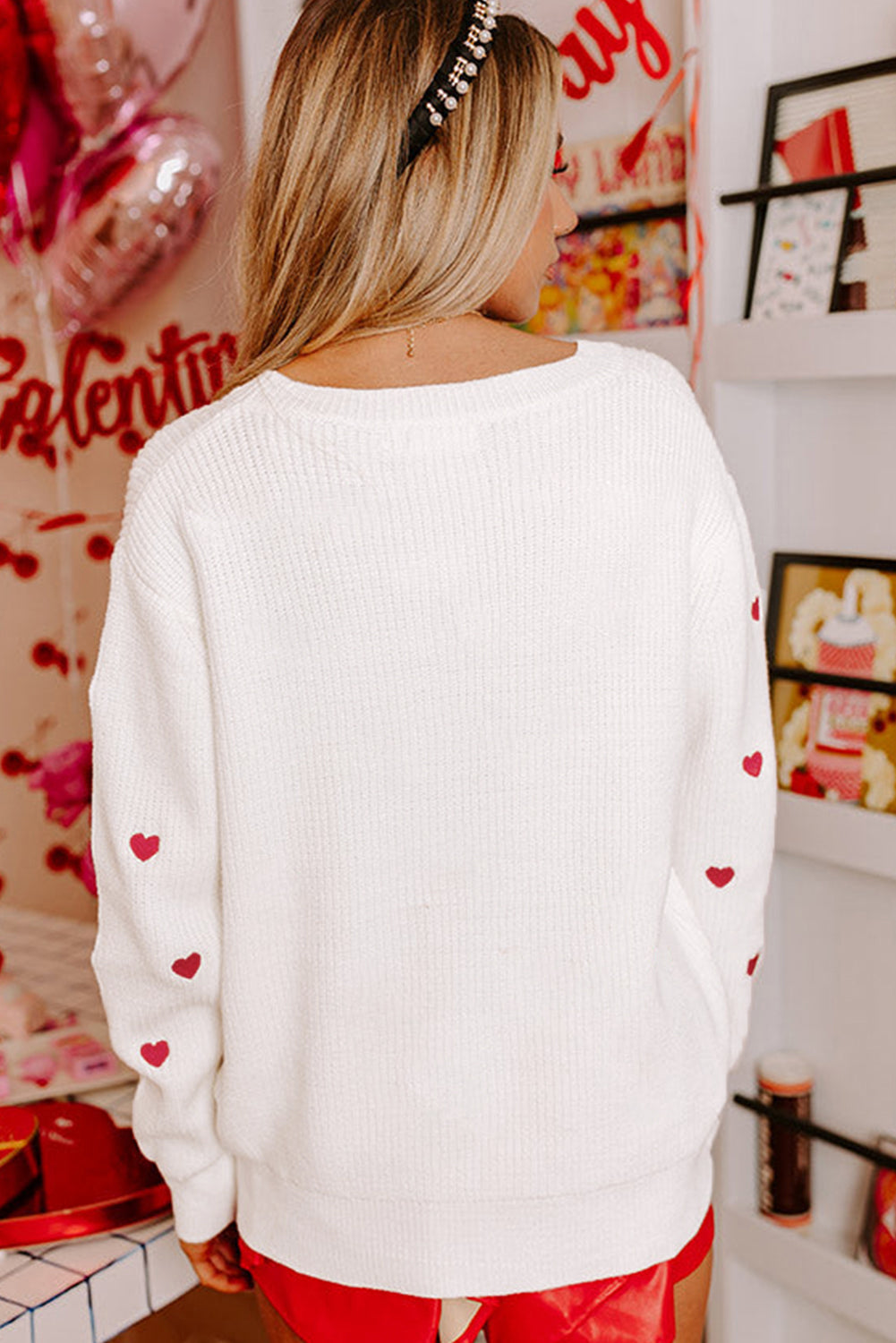 Rose Red Heart Pattern Drop Shoulder Round Neck Sweater