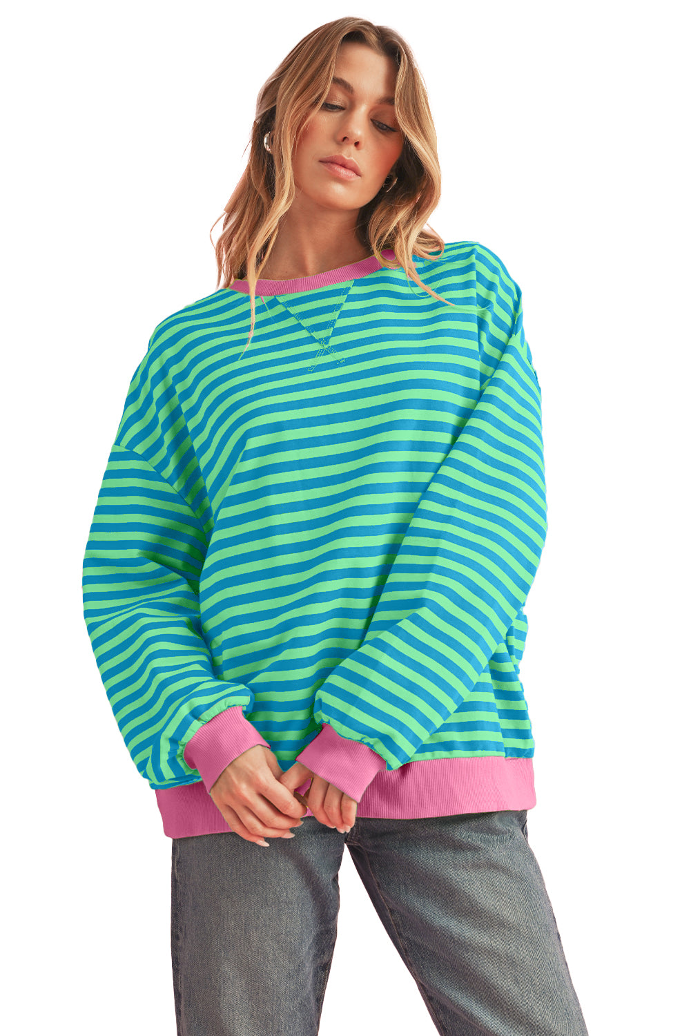 Blue Stripe Contrast Edge Cross Seam Oversized Pullover