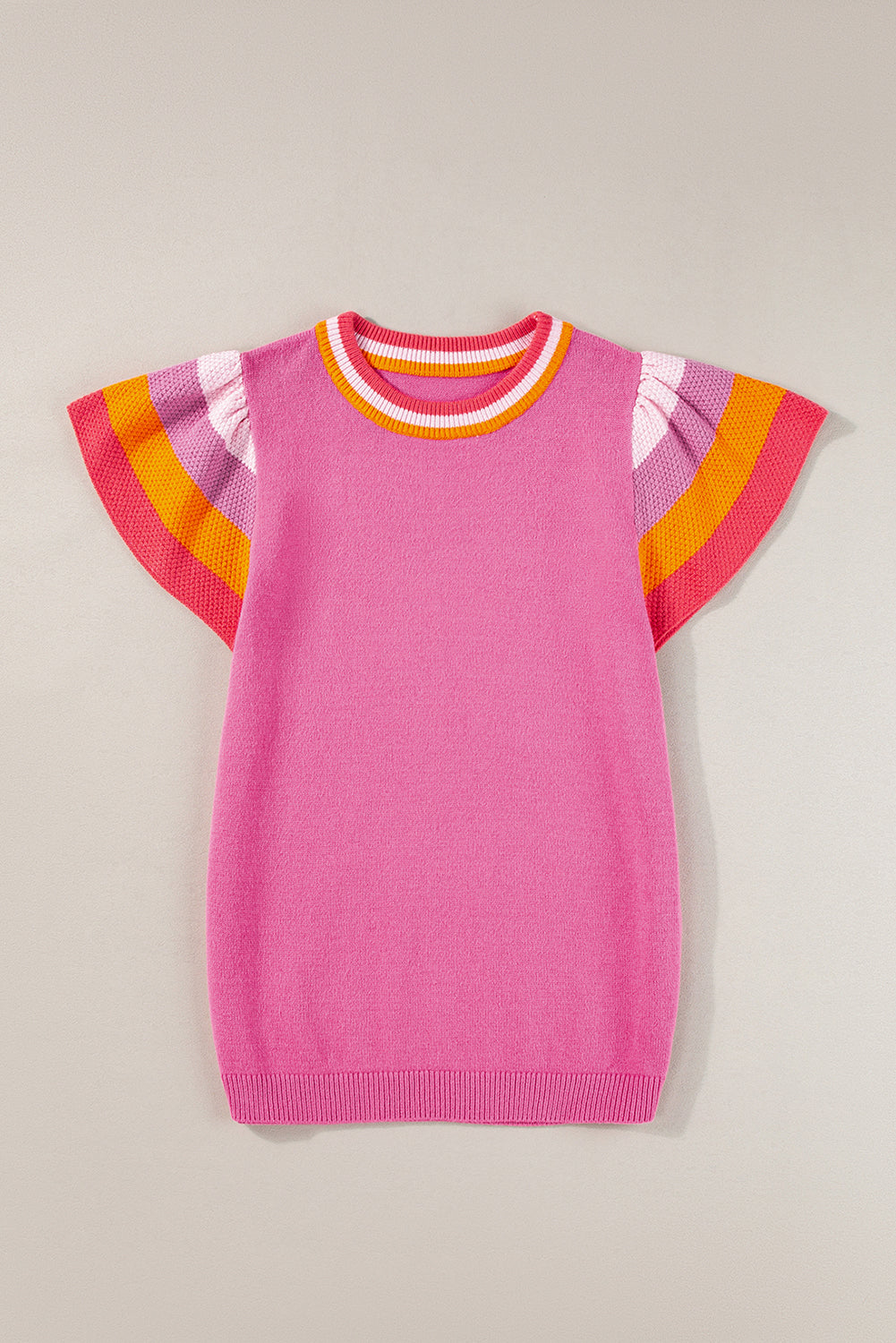 Bright Pink Contrast Sleeve Striped Round Neck Knitted Tee