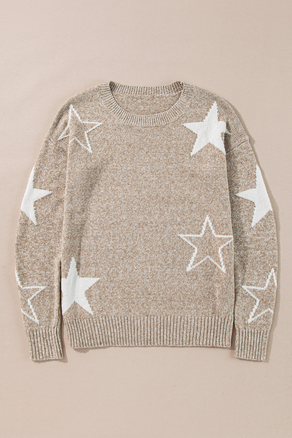 Khaki Star Pattern Drop Shoulder Knit Sweater