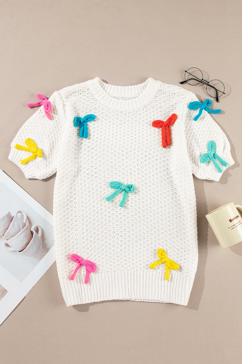 White Colorful Bow Knit Short Sleeve Sweater