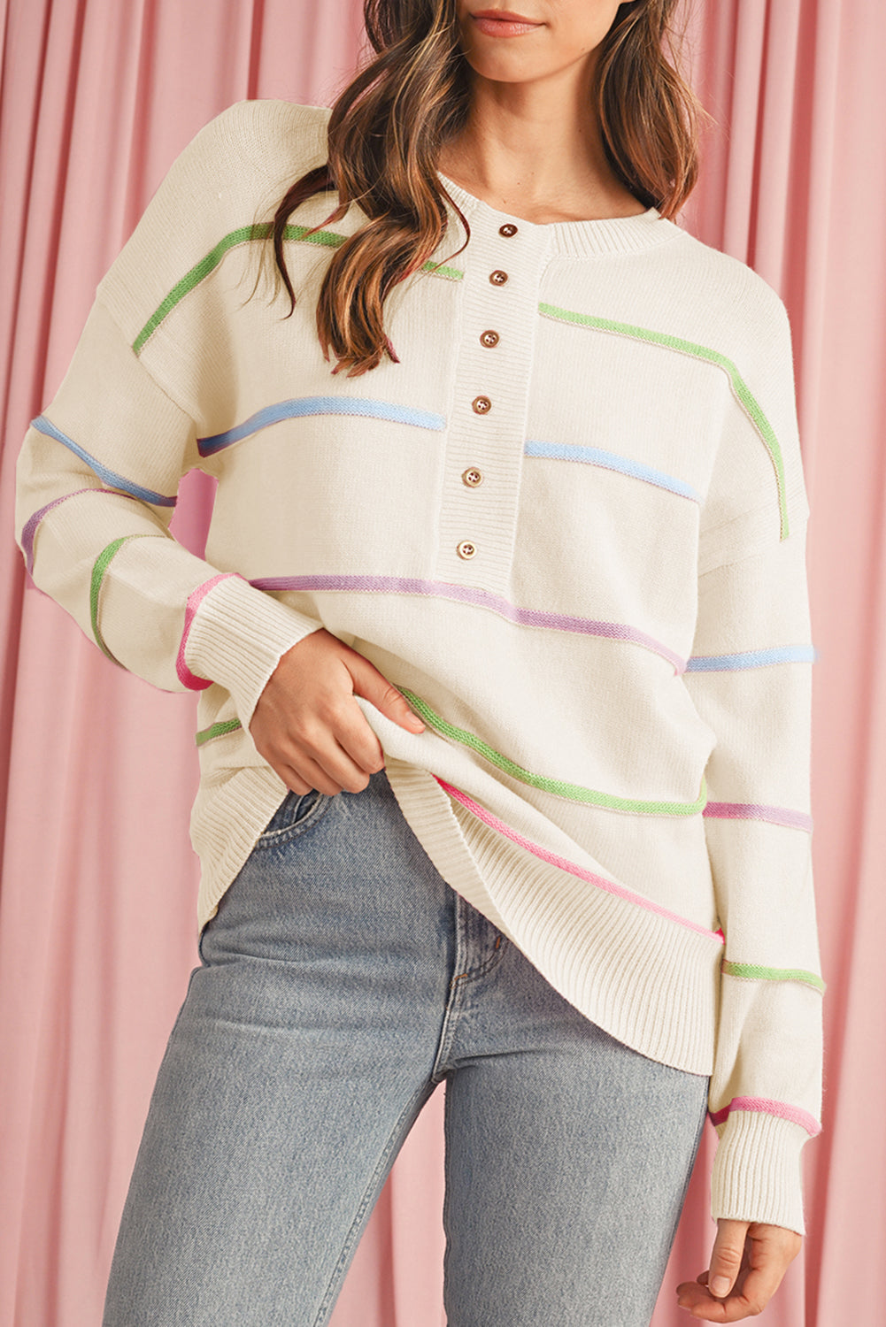 Pink Rainbow Striped Drop Sleeve Henley Sweater