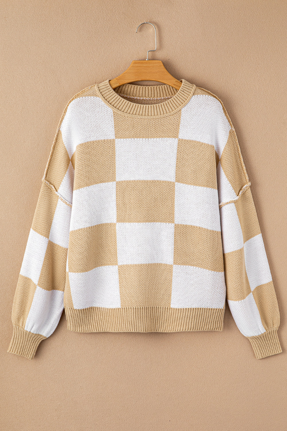 Khaki Plaid Bishop Sleeve Pullover Sweater