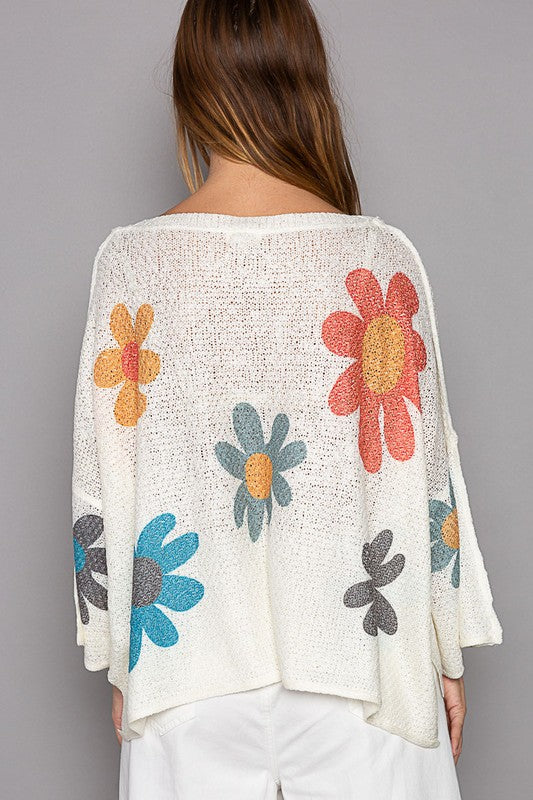 POL Flower Dropped Shoulder Long Sleeve Knit Top