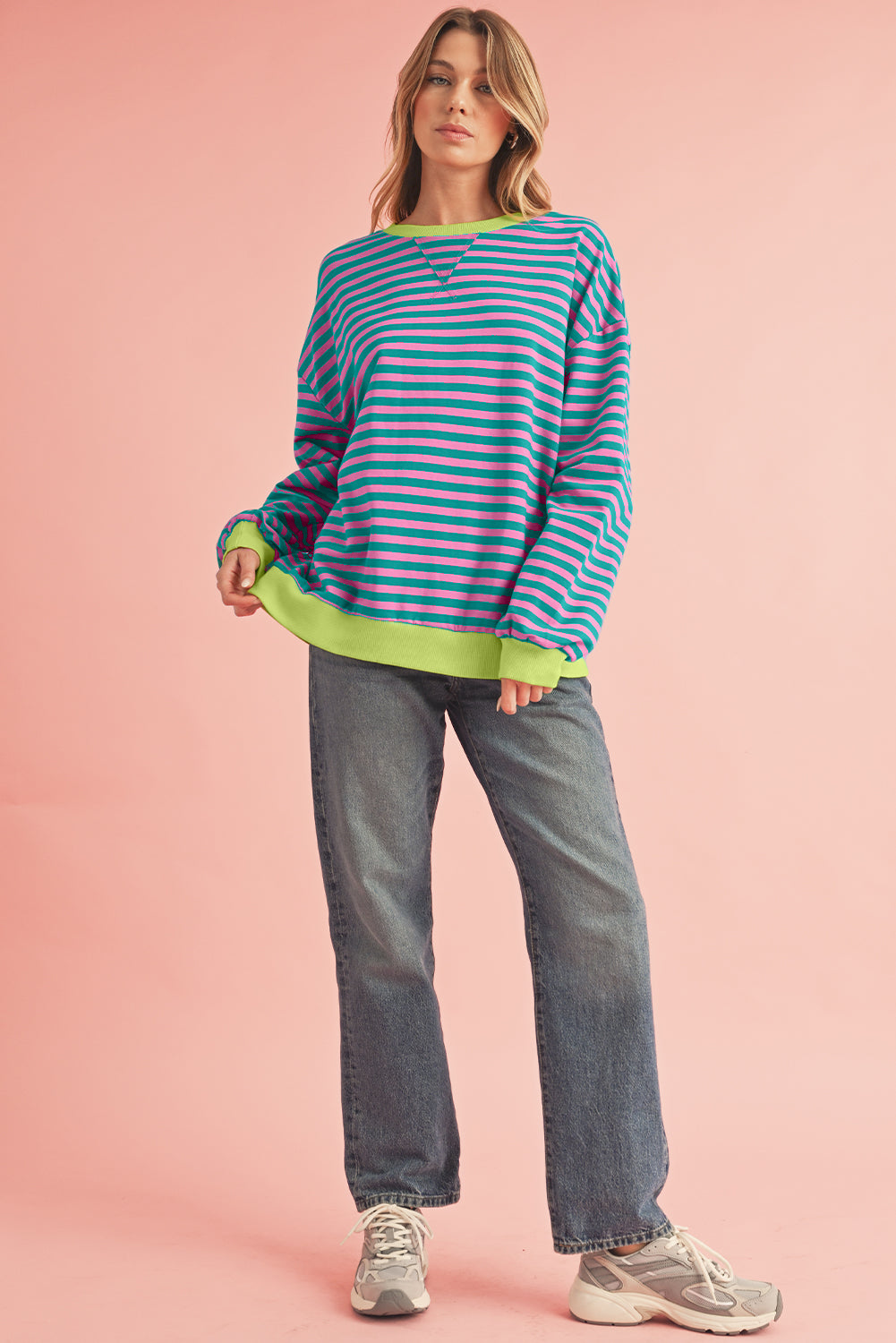 Blue Stripe Contrast Edge Cross Seam Oversized Pullover